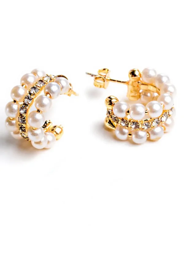 Brinco De Pérolas Com Strass Banhado A Ouro 18k