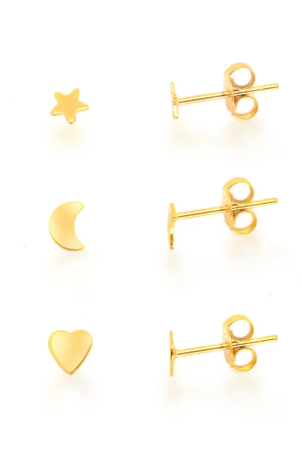 Trio De Brinco Estrela Lua Coração Pequenos Banhados A Ouro 18k