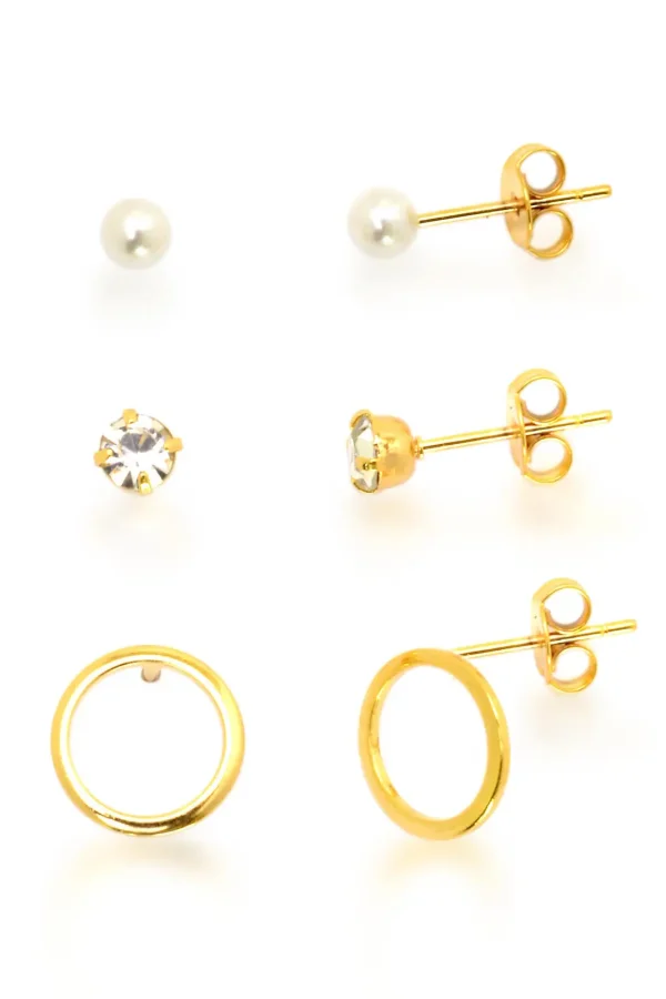 Trio De Brinco Pérola, Zircônia e Argola Vazado Banhados A Ouro 18k