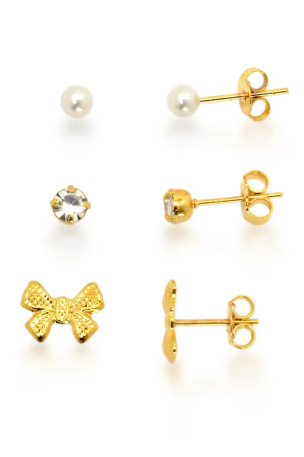 Trio De Brincos Pérola Pequenos Banhados A Ouro 18k