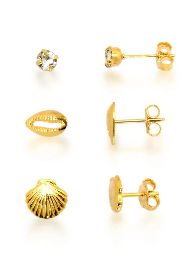 Trio De Brinco Zircônia Búzio Concha Banhados A Ouro 18k