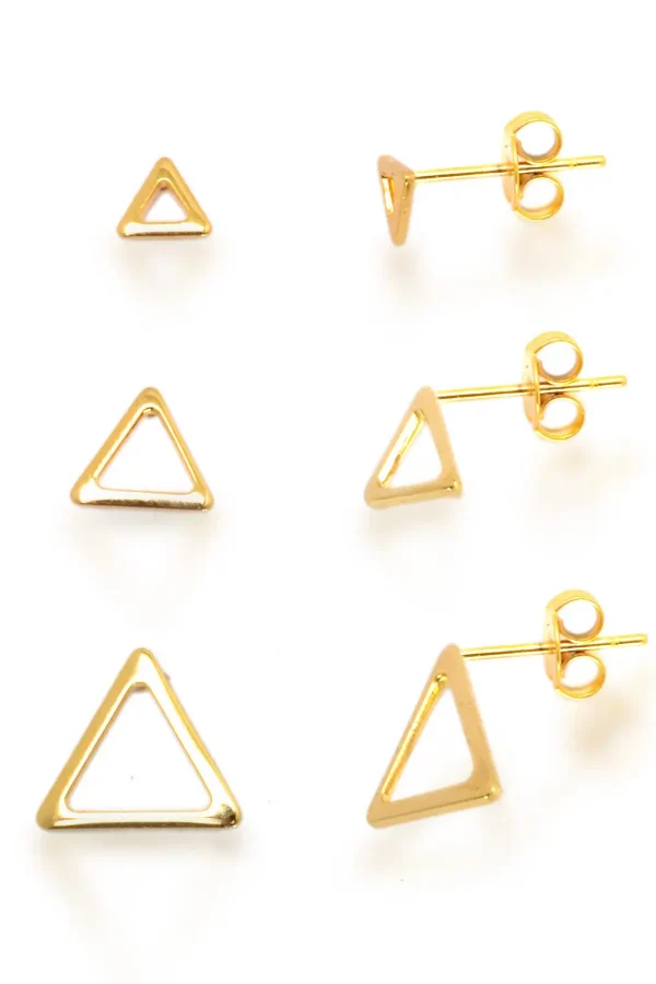 Trio De Brinco Triângulo Vazado Banhados A Ouro 18k