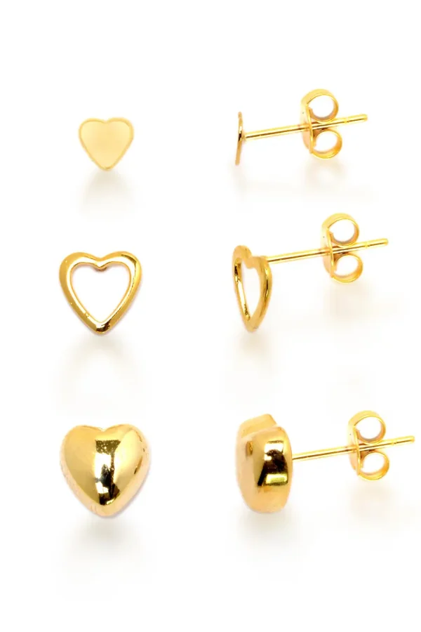 Trio De Brincos Coração Pequenos Banhados A Ouro 18k