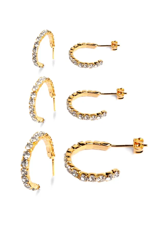 Kit 3 Pares de Argolas de Strass Cristal Banhado A Ouro 18k