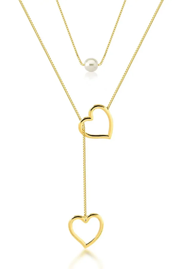 Colar Gravatinha Coração Vazado Com Choker Colar Pérola