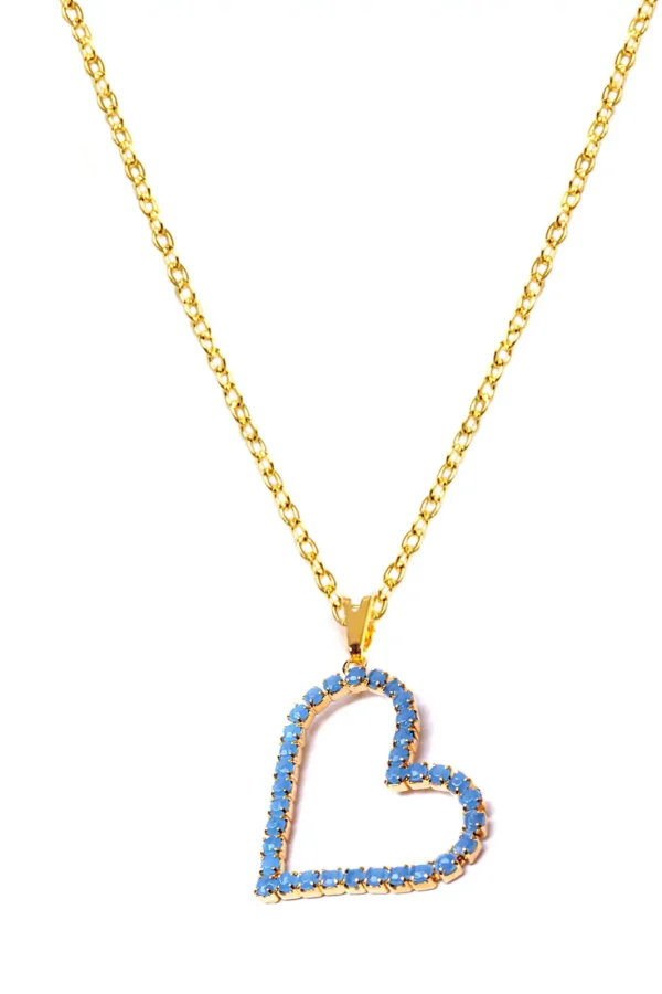 Colar Coração Strass Azul Banhado a Ouro
