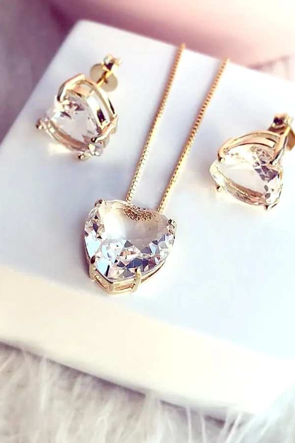 Conjunto Coração Zircônia Banhado A Ouro