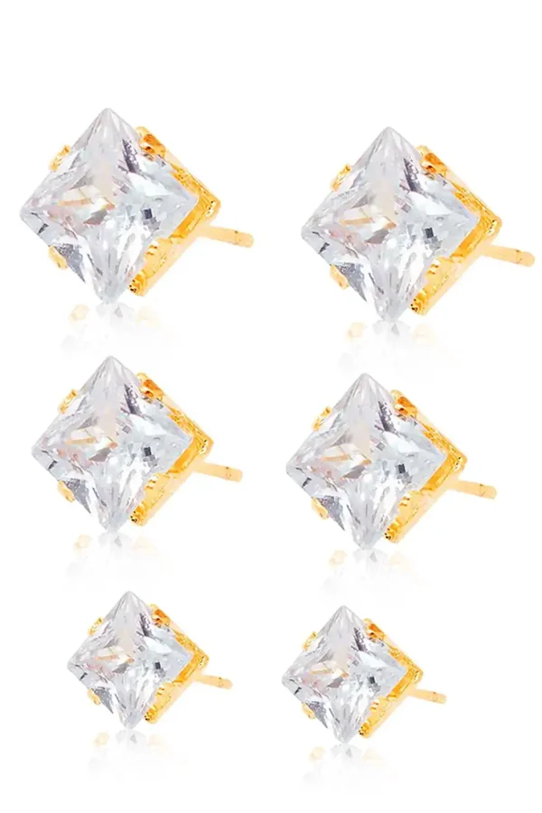 Trio De Brincos Quadrado Zircônia Banhado A Ouro 18k