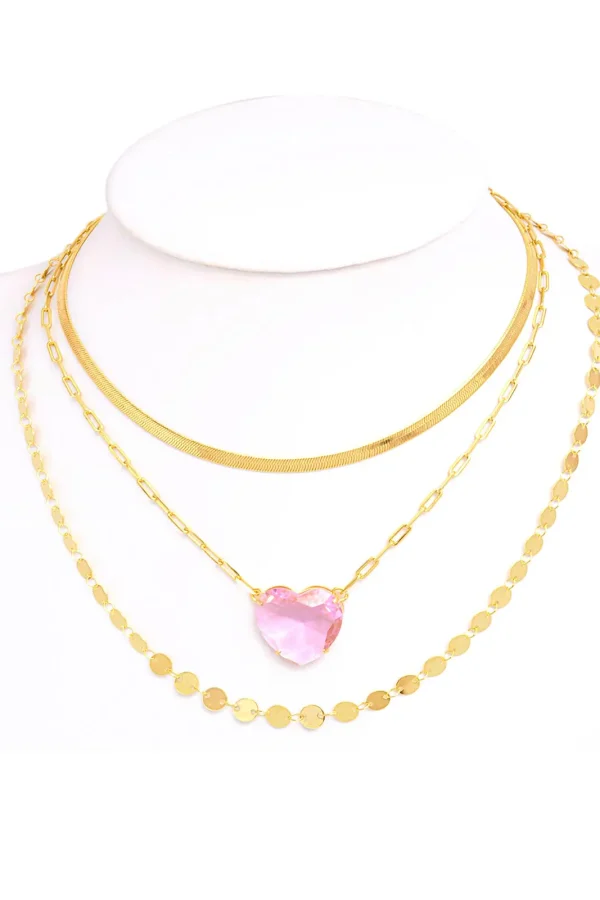 Mix De Colar Choker com Coração Pedra Rosa Banhado A Ouro 18k