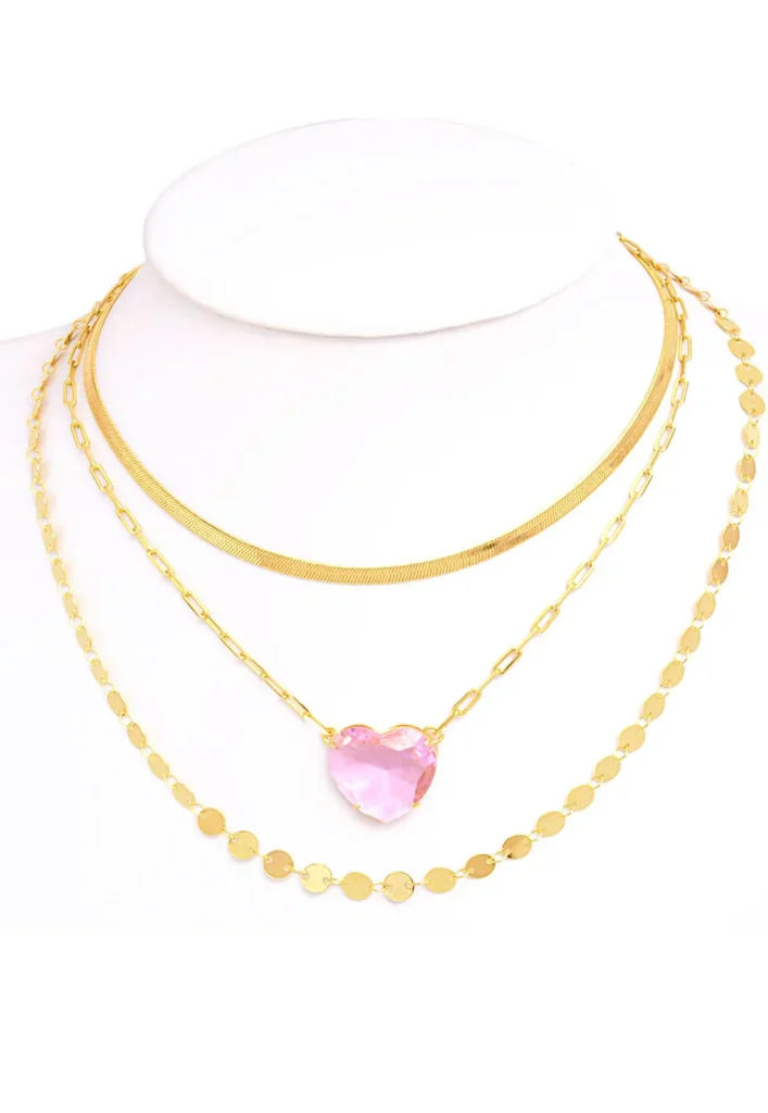 Mix De Colar Choker com Coração Pedra Rosa Banhado A Ouro 18k