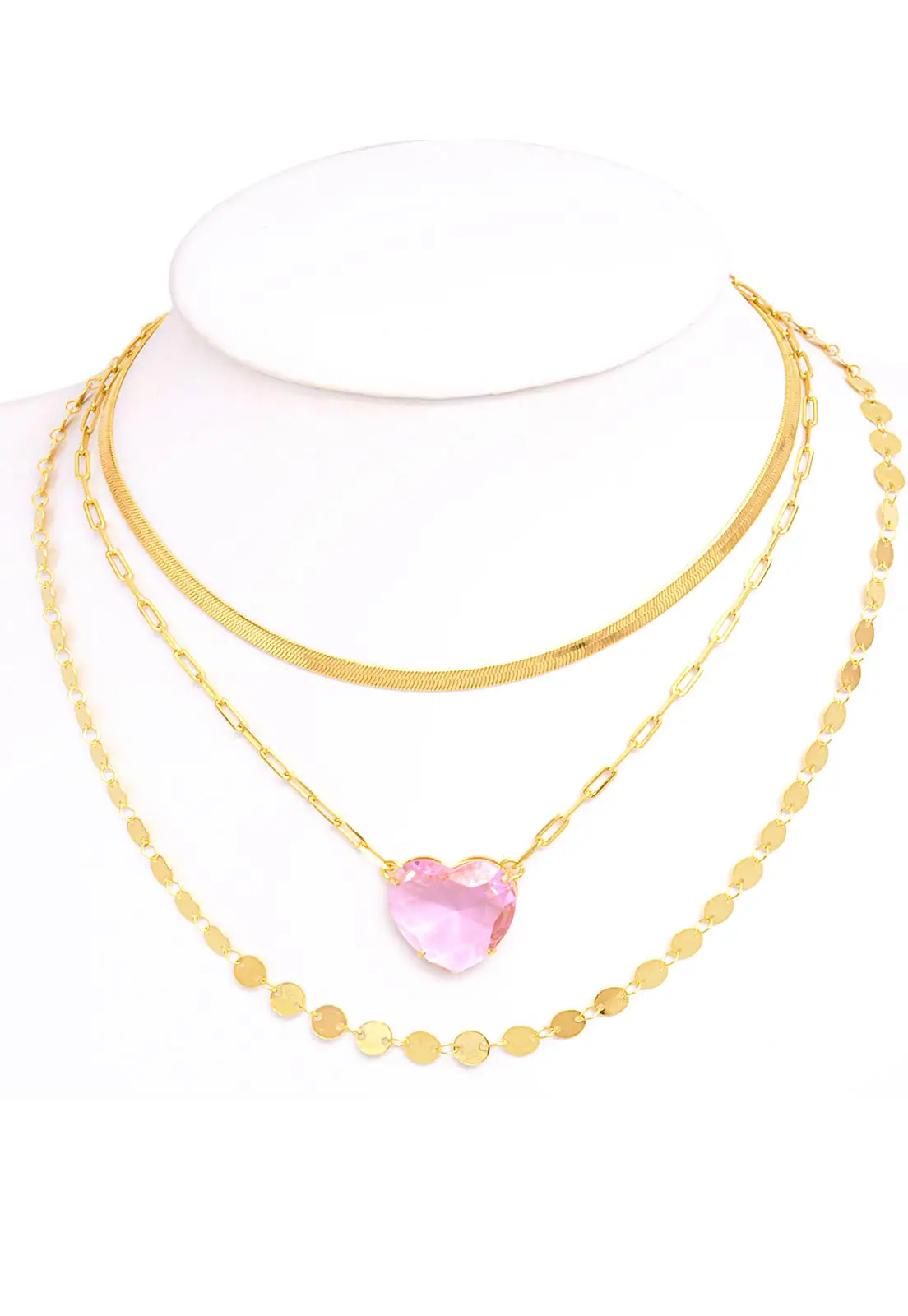 Mix De Colar Choker com Coração Pedra Rosa Banhado A Ouro 18k Mix De Colar Choker com Coração Pedra Rosa Banhado A Ouro 18k