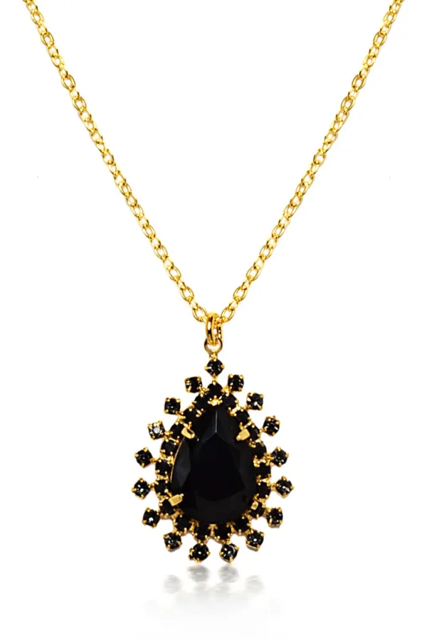 Colar Gota Cristal Onix Strass Banhado A Ouro 18k