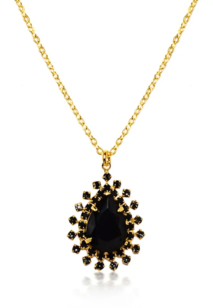 Colar Gota Cristal Onix Strass Banhado A Ouro 18k
