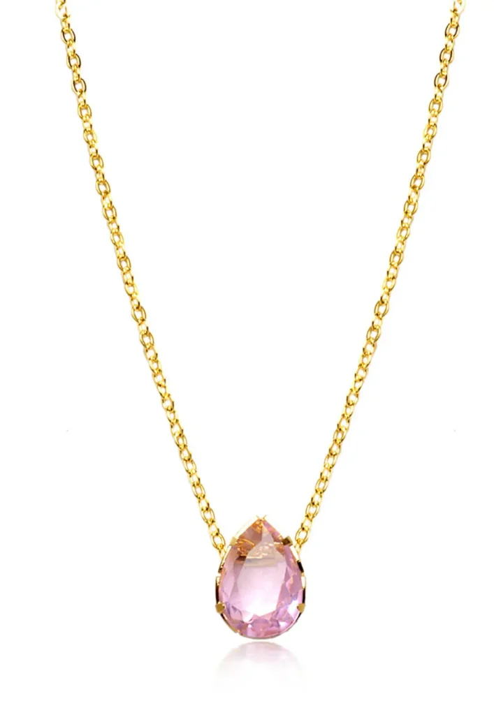 Colar Gota Cristal Rosa Banhado A Ouro 18k