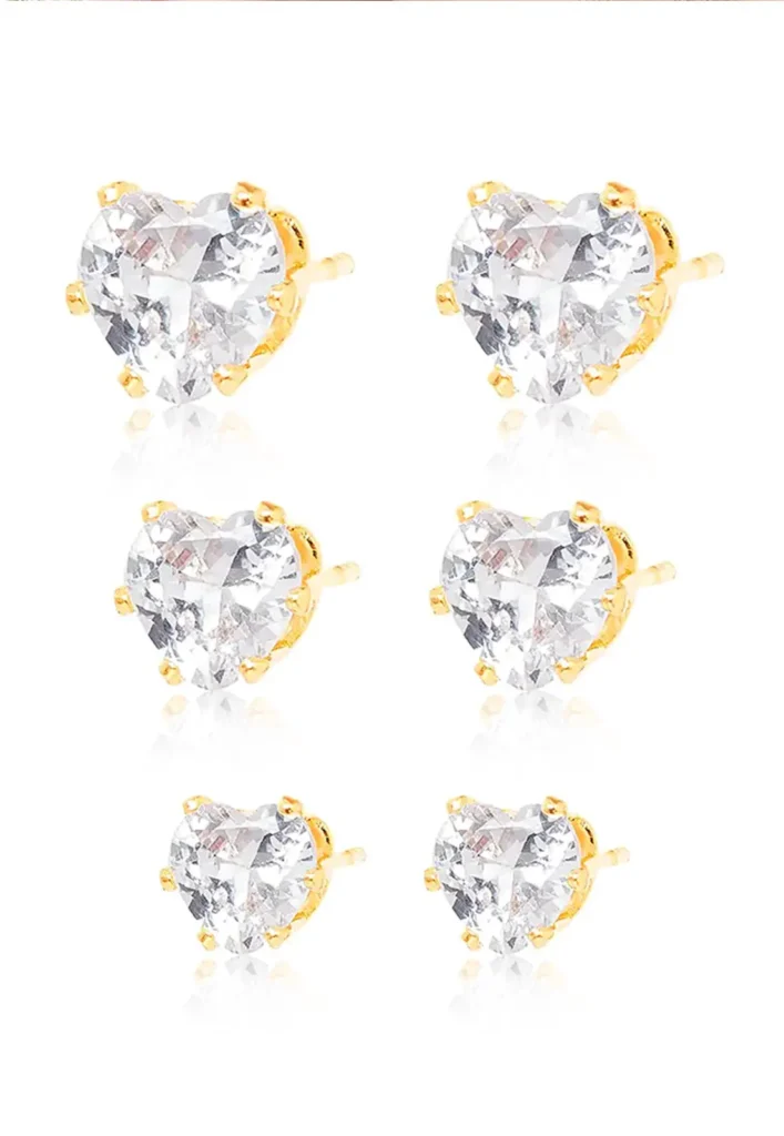 Trio De Brincos Coração Banhado a Ouro 18k