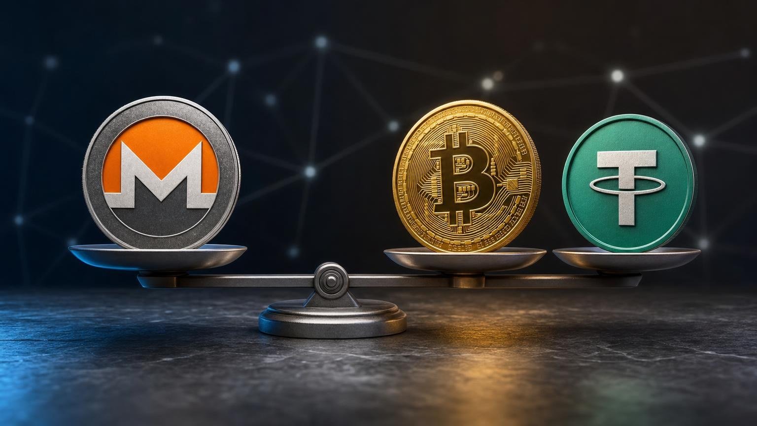 Monero ao centro de uma comparação entre Bitcoin e USDT, com carteiras digitais, redes blockchain e critérios de decisão
